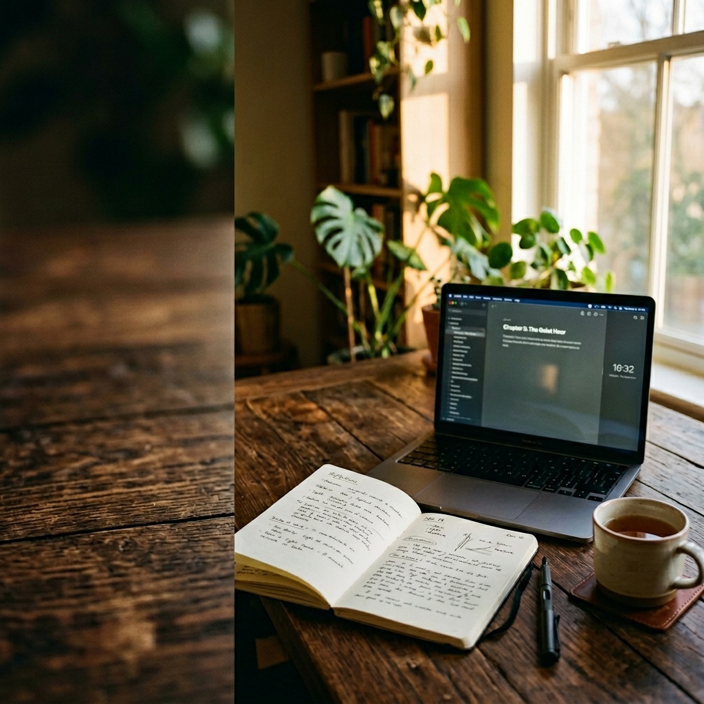 Warm analog photo of an open notebook beside a glowing laptop on a wooden desk, lit by late afternoon sun