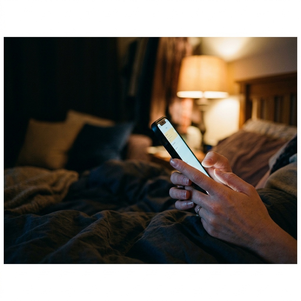 Close-up of hands holding a glowing smartphone in a dark room, soft screen light illuminating fingers, warm ambient light in background