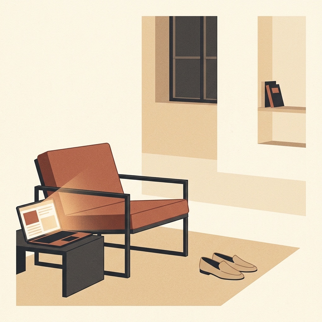 Minimal editorial illustration of a pair of shoes beside a chair and a glowing laptop, with warm neutral tones and clean negative space