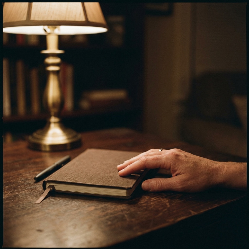 Close-up of a hand resting beside a closed notebook and a dim lamp, with warm shadows across the desk
