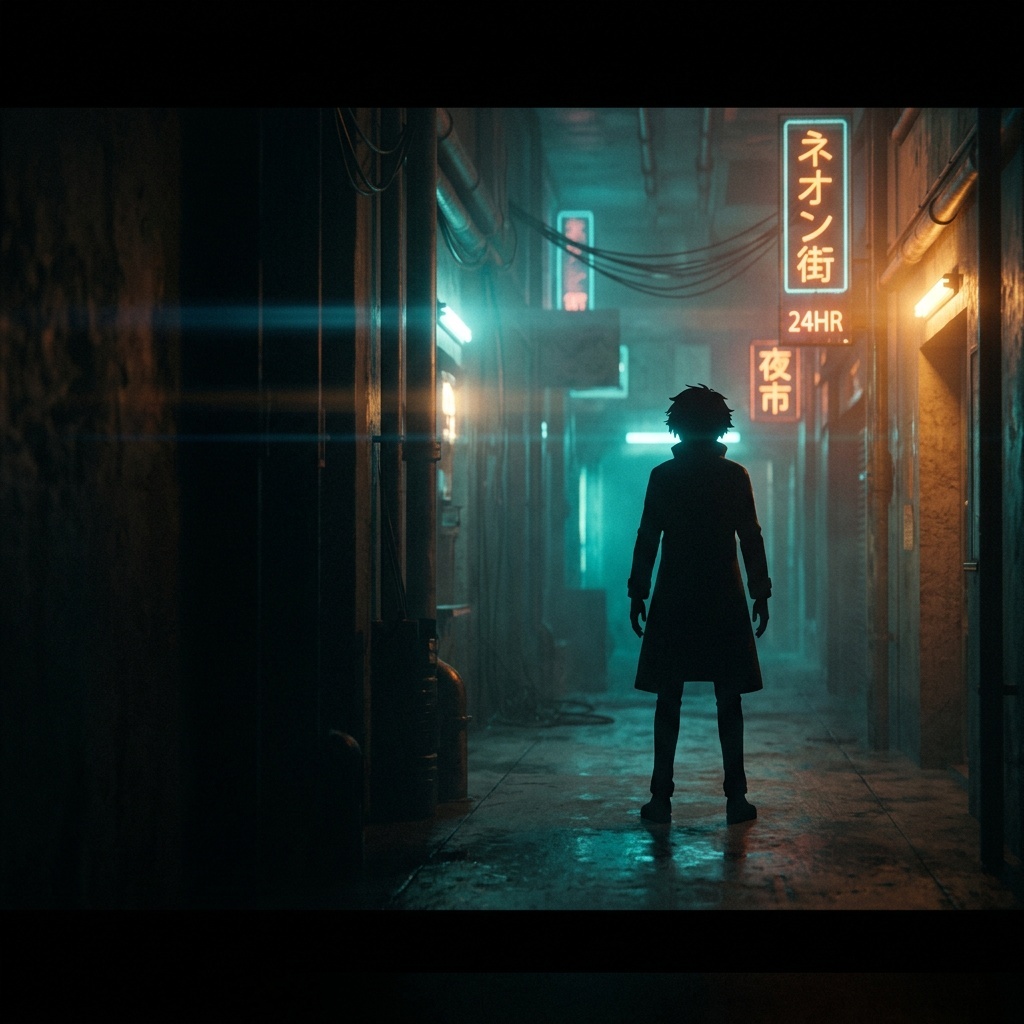 Cinematic wide shot of an anime figure's silhouette framed by neon light and atmospheric haze