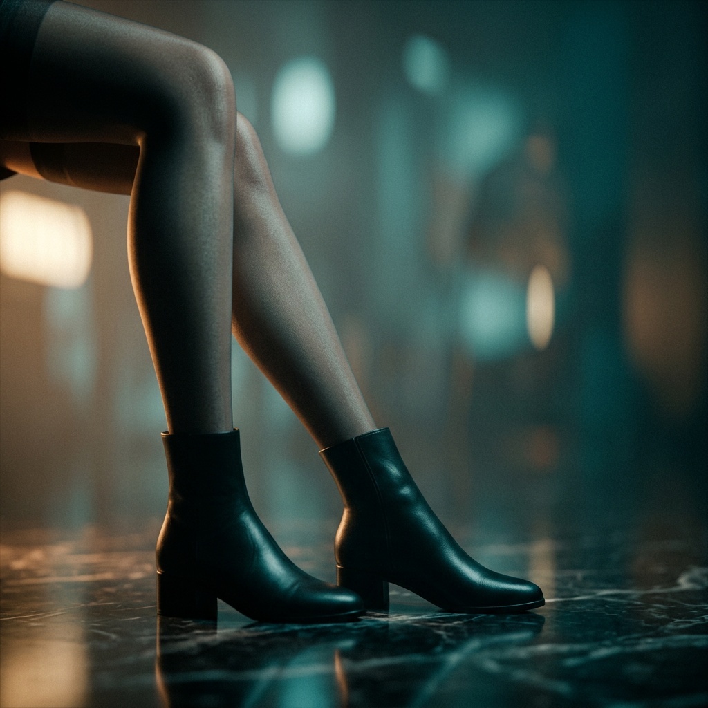 Atmospheric close-up of stylized stockinged legs in warm amber and teal light, cinematic composition