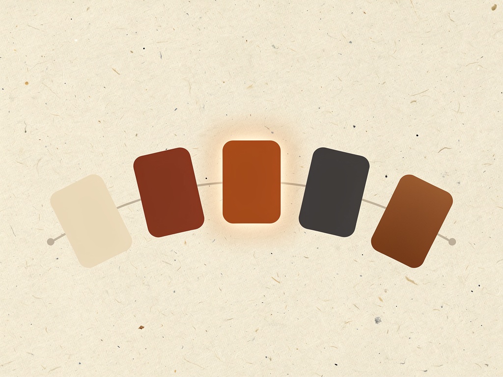 Five rounded cards in cream, rust, copper, charcoal, and brown arranged in an arc, center card highlighted with warm glow, on textured cream paper