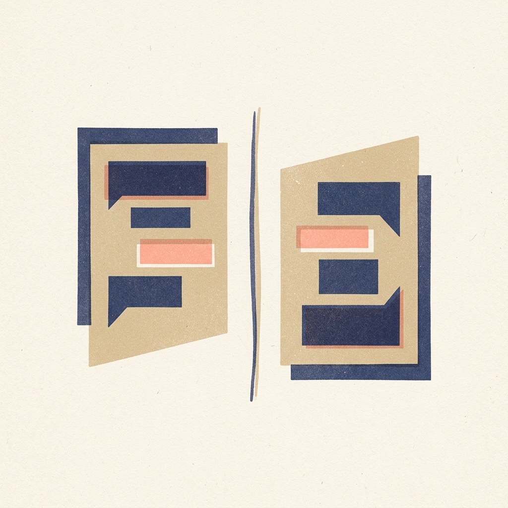 Minimal editorial illustration of two abstract chat windows facing each other across a soft dividing line, in muted blue and sand tones