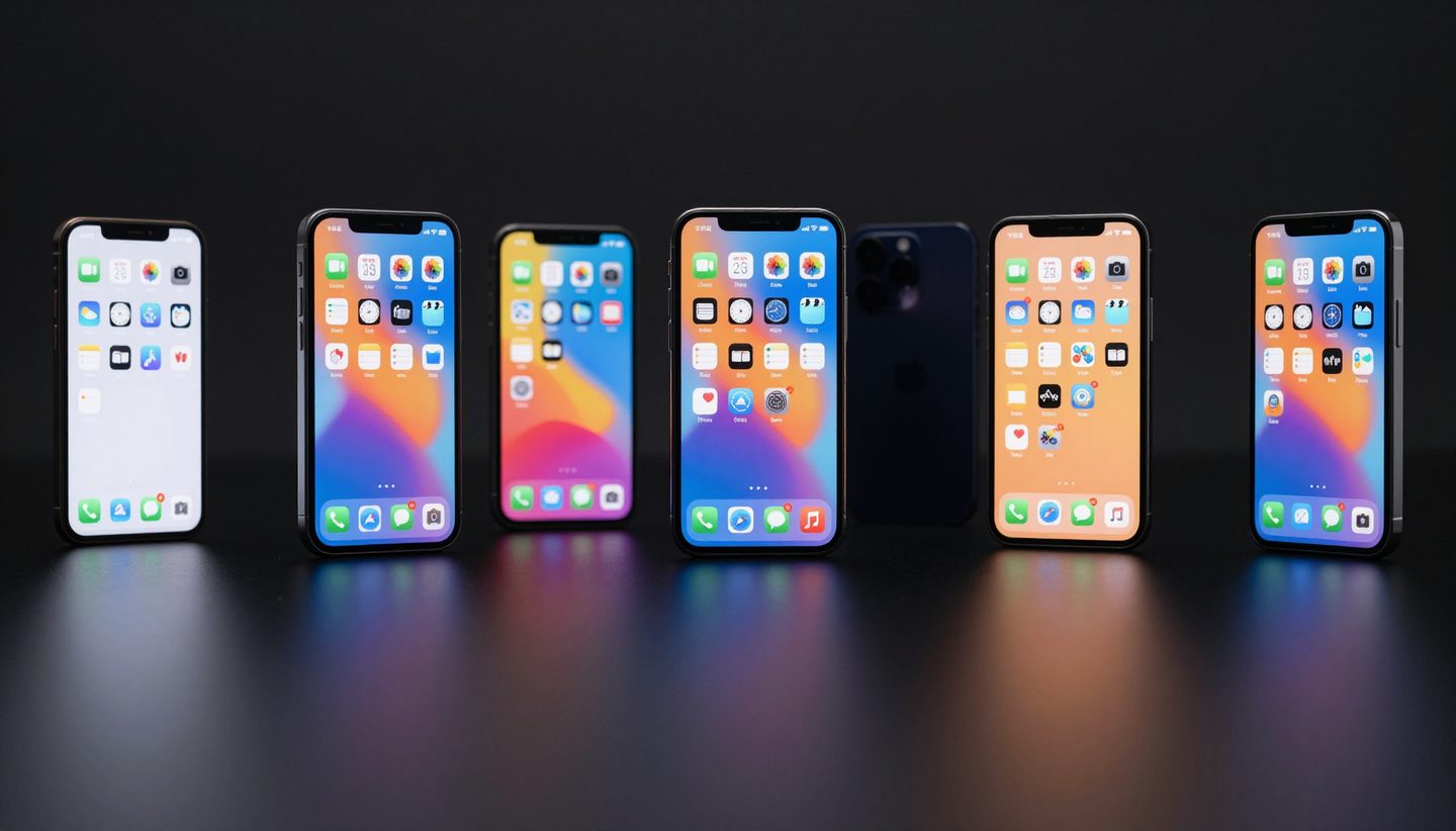 Row of smartphones showing different app interfaces on a dark reflective surface
