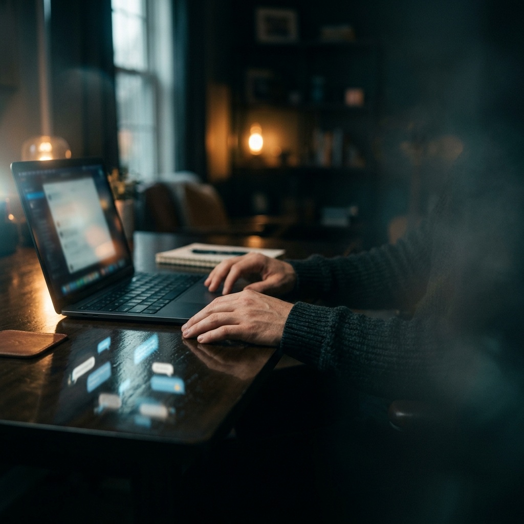 Hands resting near a glowing laptop on a dark desk, with reflected chat bubbles in soft blue and amber light