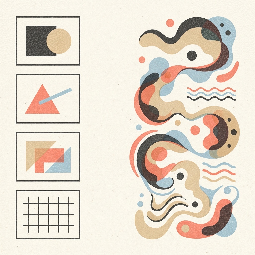 Abstract split-screen illustration with framed image tiles on one side and flowing conversation shapes on the other