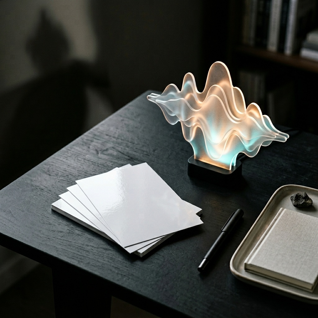 Minimal editorial still life with glossy photo cards beside a softly glowing audio waveform shape on a matte desk