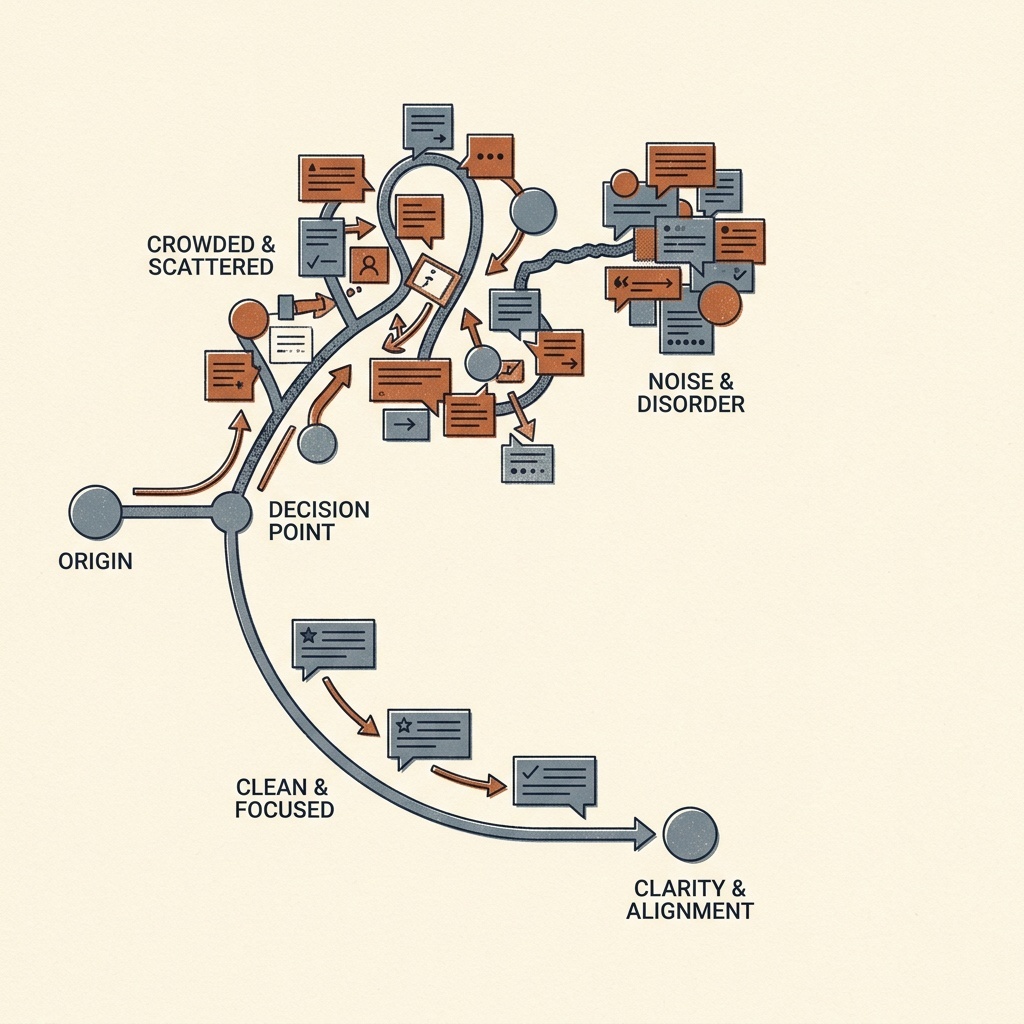 Minimal illustration of branching chat paths, one crowded and one clean, in muted cream and rust tones