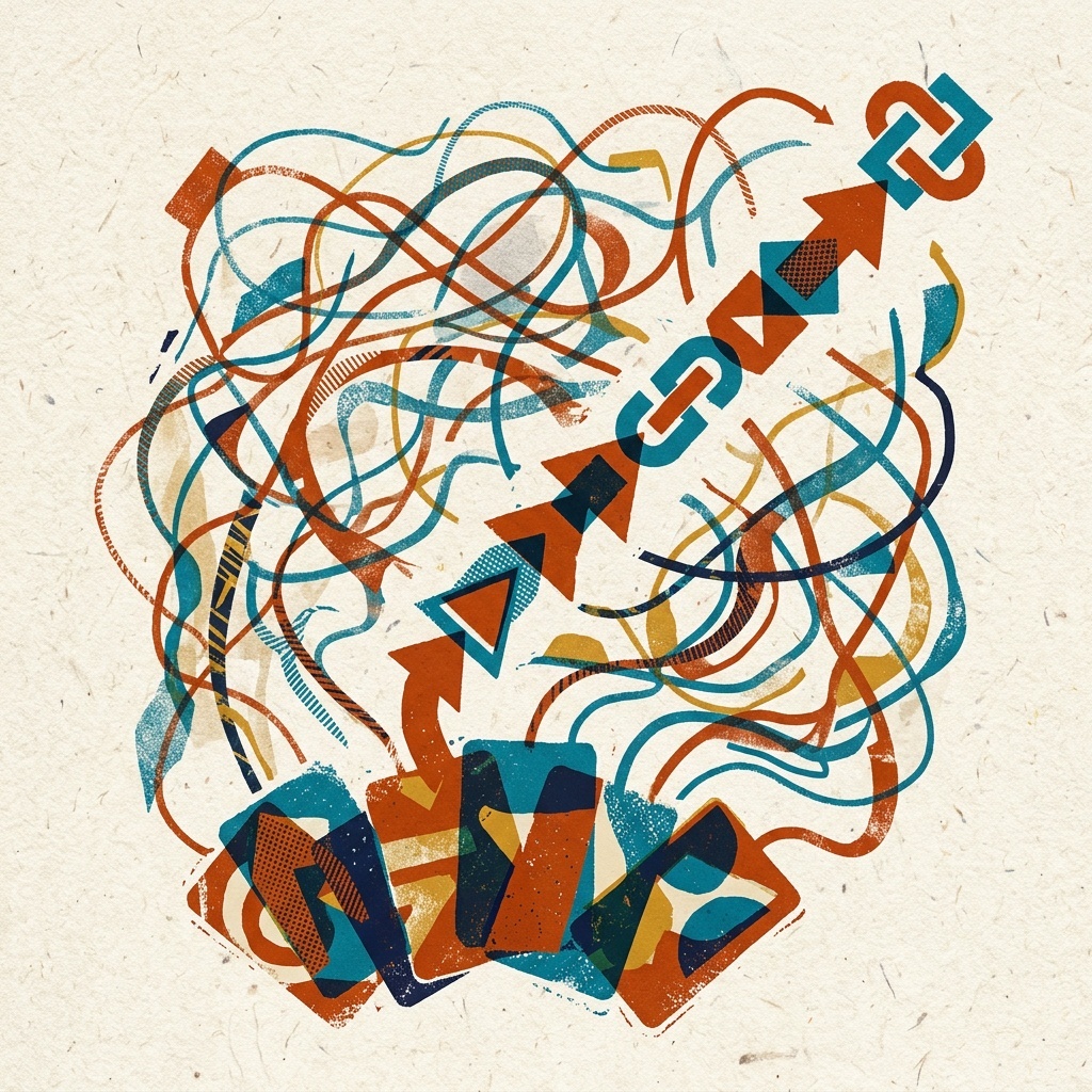 Abstract illustration of prompt cards, highlighted memory threads, and a single conversation path coming into focus