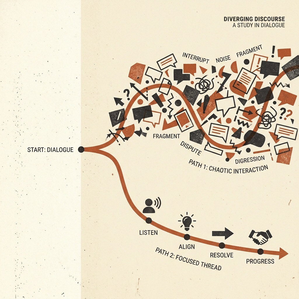 Minimal illustration of two abstract chat paths splitting apart across a muted paper-textured background