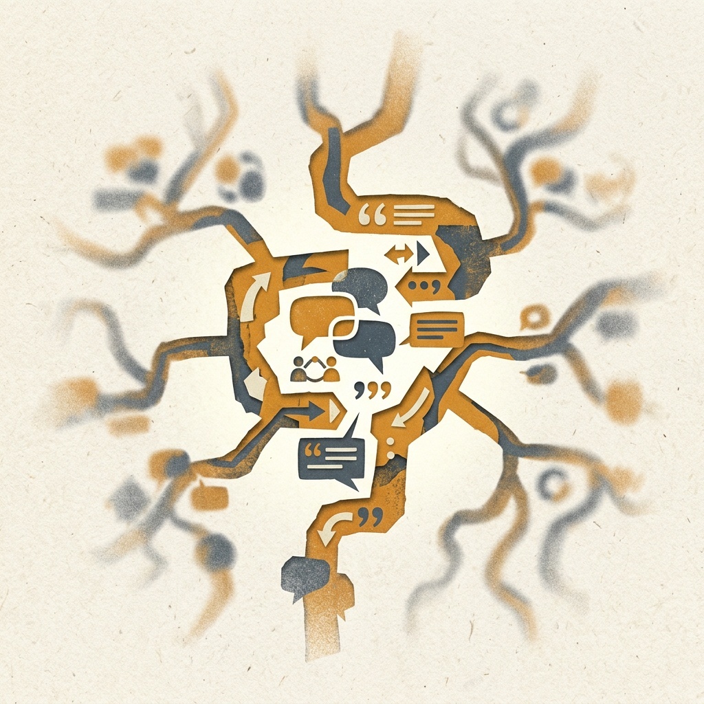 Abstract editorial illustration of one conversation thread sharpening into focus while other paths fade into soft grain