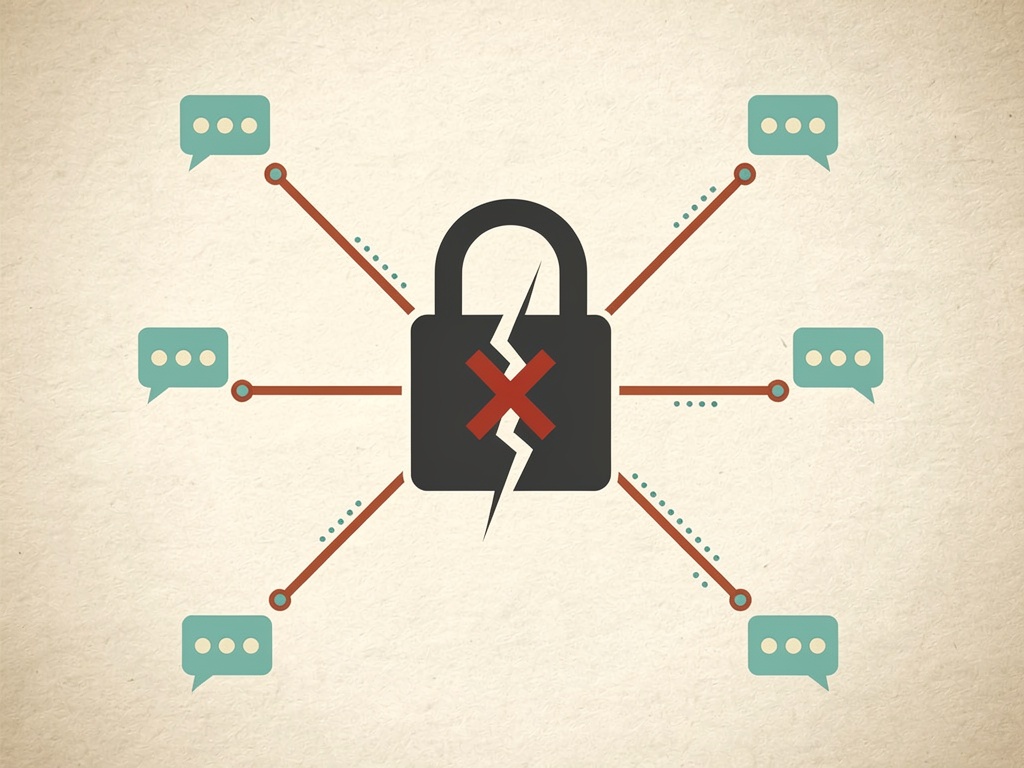 Cracked padlock with a red X at center, six chat bubble icons branching outward on lines, editorial infographic on cream paper texture