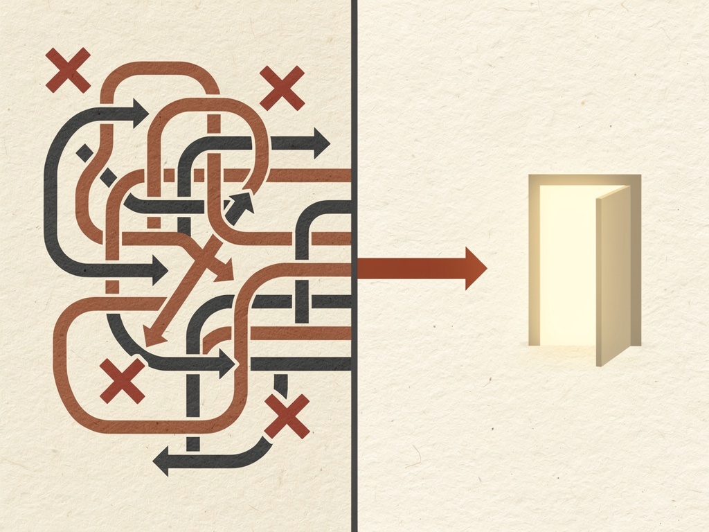 Split editorial illustration: left side shows tangled maze of arrows hitting dead ends with red X marks, right side shows a single clean arrow leading to an open doorway with warm light