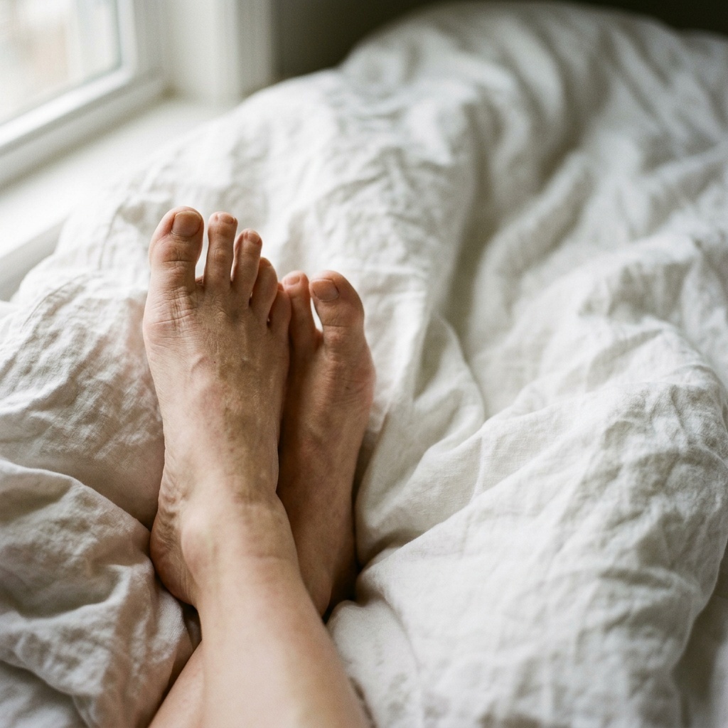 Close-up editorial photograph of bare feet resting on a linen surface, soft natural window light, shallow depth of field
