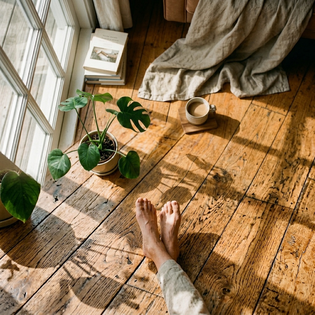 Editorial photograph of a person's feet crossed at the ankles on a warm wooden floor, soft morning light from a nearby window