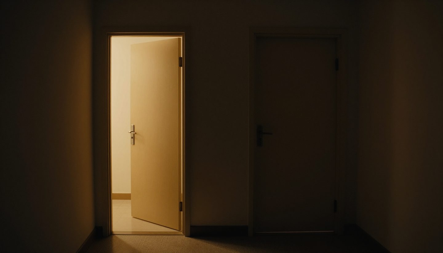 Two doors in a dark corridor, each revealing different warm light
