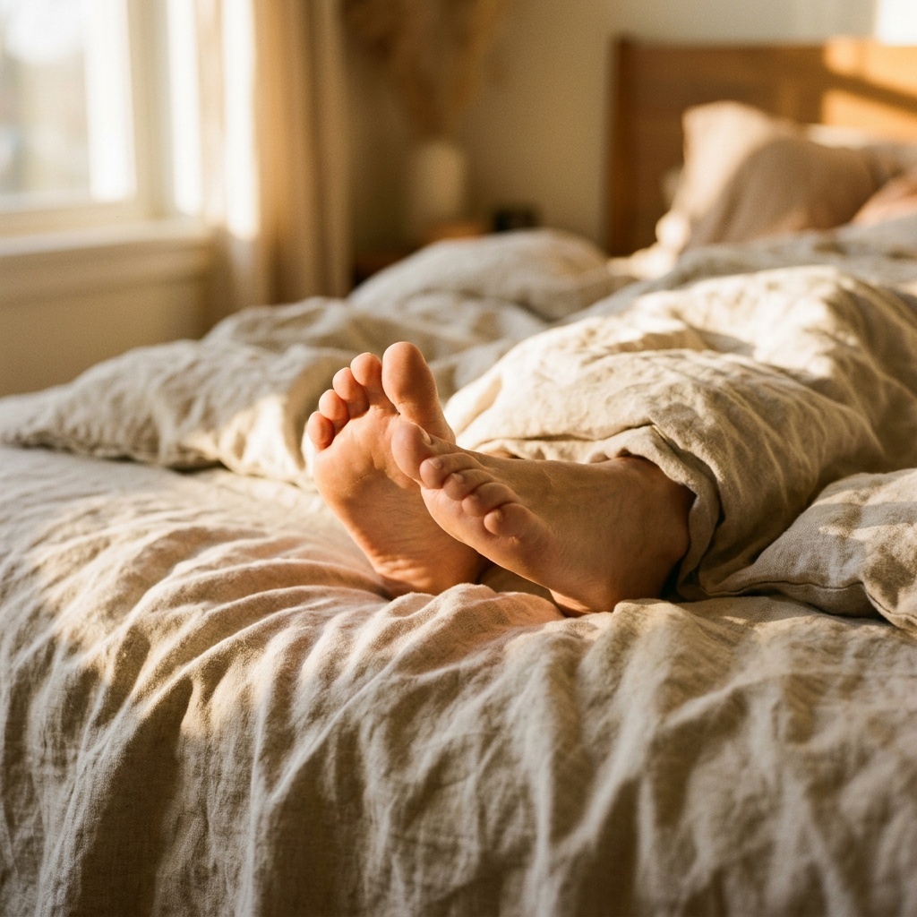 Close-up of bare feet resting on soft linen in warm golden hour light, intimate framing