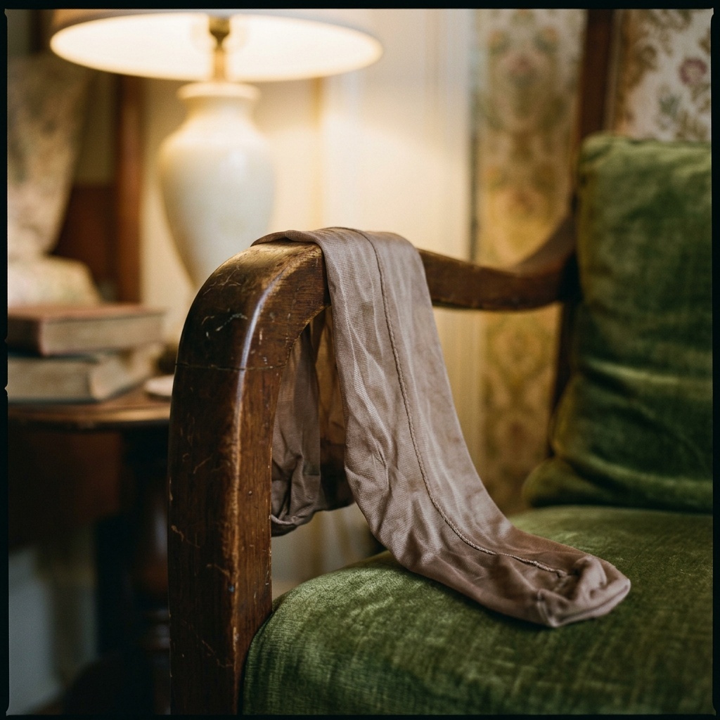 A pair of vintage stockings draped over an antique wooden chair in soft warm light