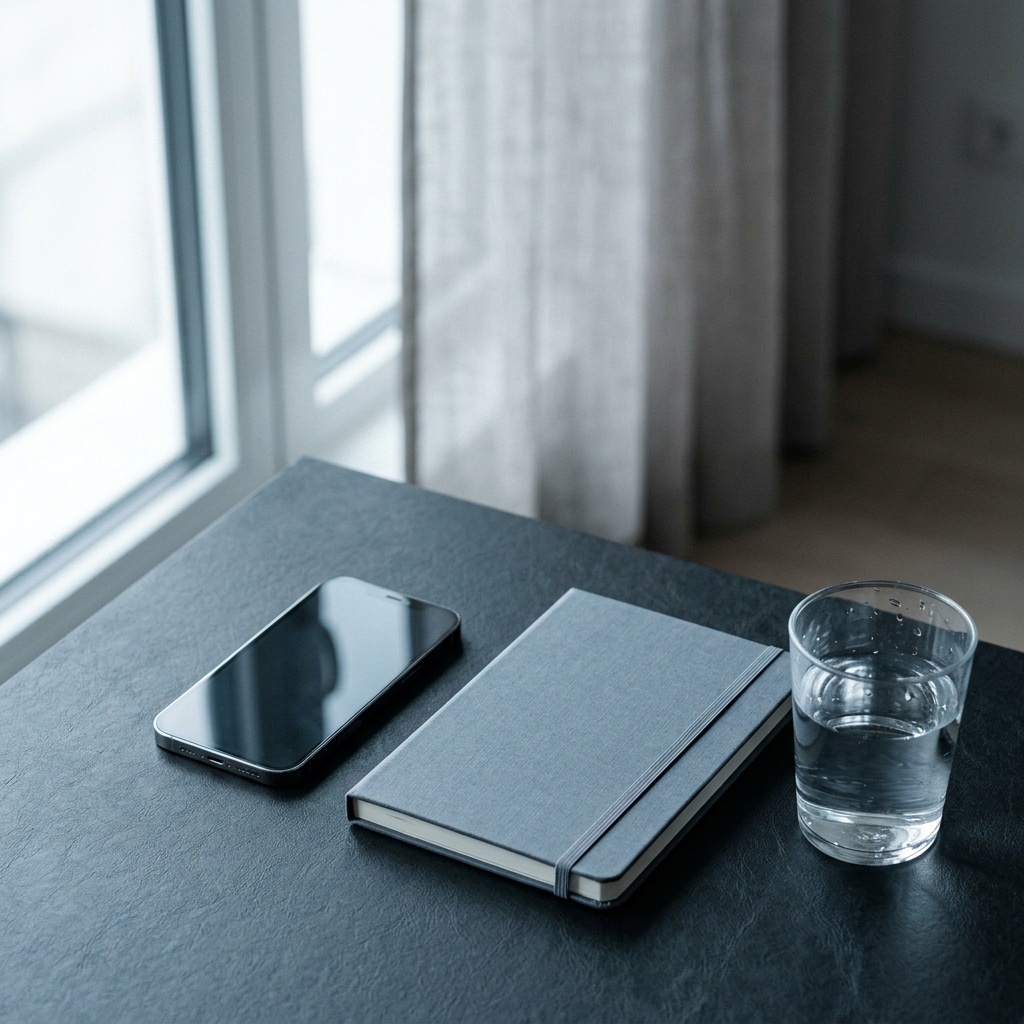 A phone, notebook, and glass of water on a matte desk in cool window light