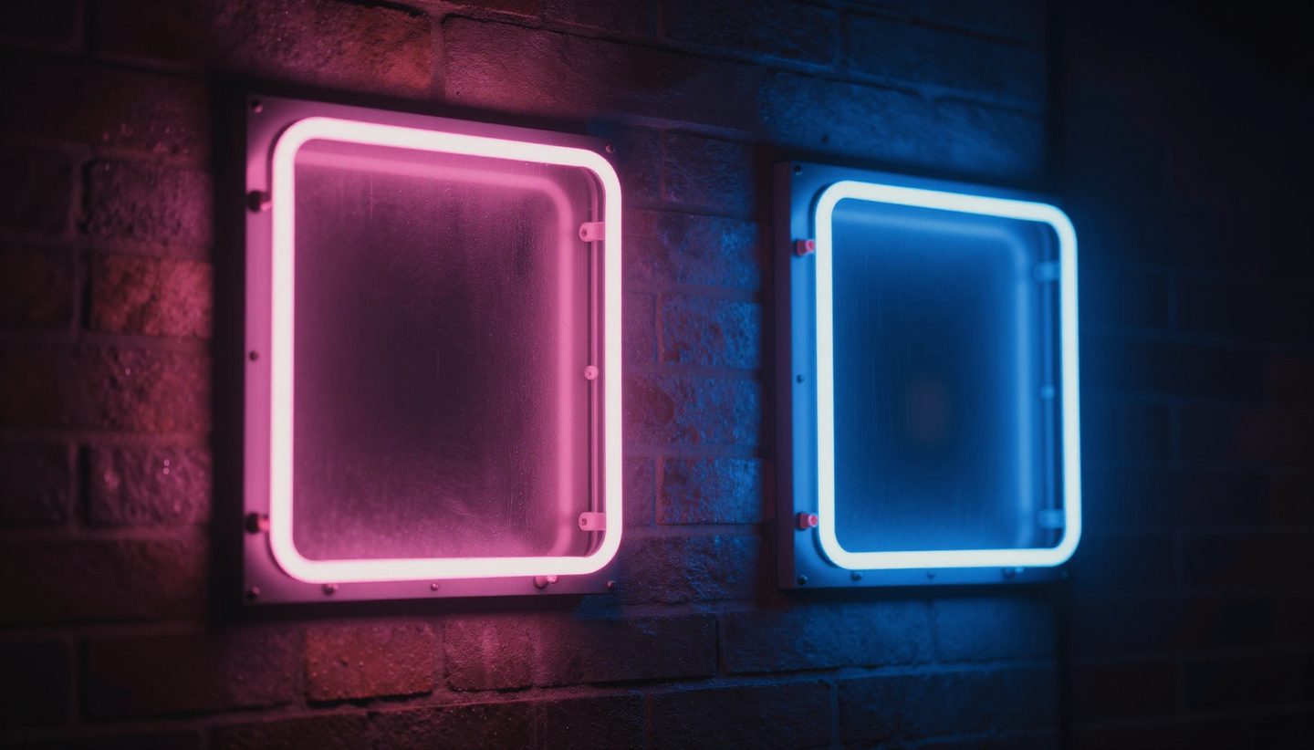 Two neon signs glowing pink and blue on a dark brick wall