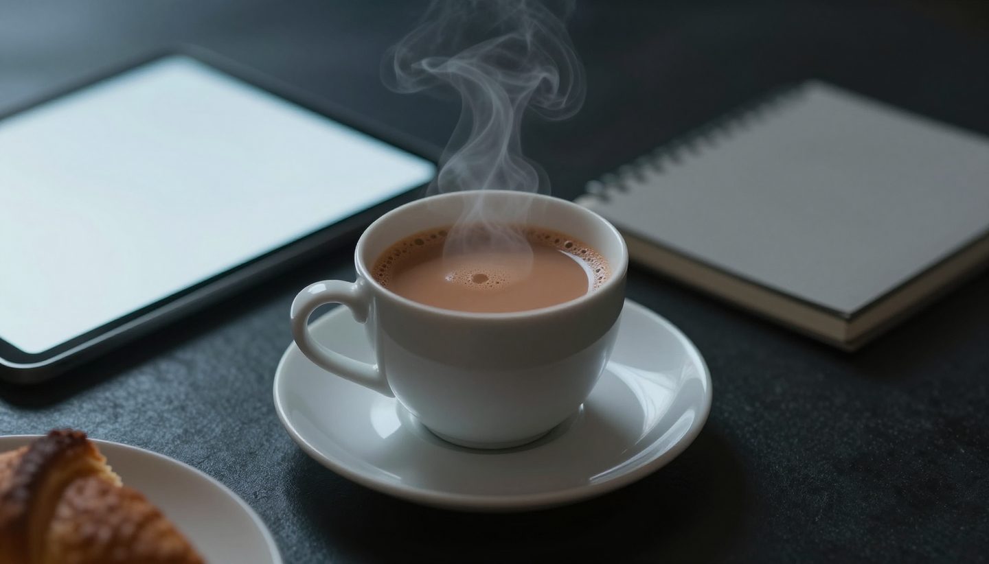 Steaming chai beside a glowing tablet screen with warm and cool light mixing