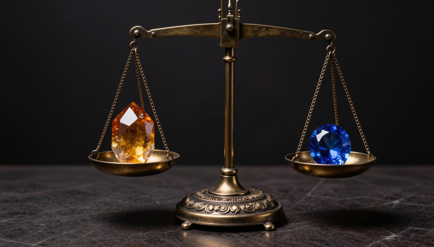 Vintage balance scale with warm amber and cool sapphire elements