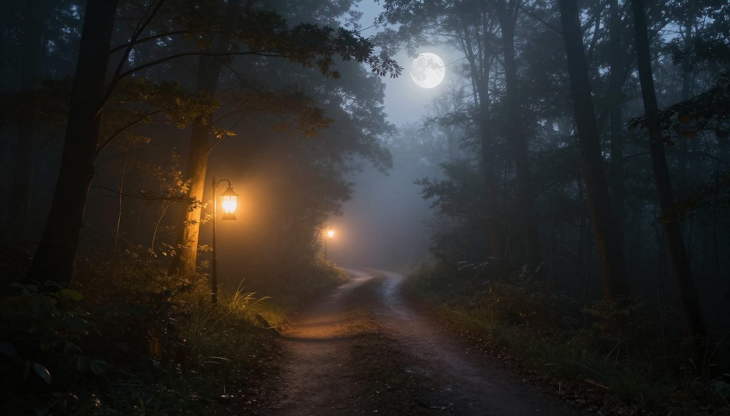 Two paths diverging in a misty forest with warm and cool lighting