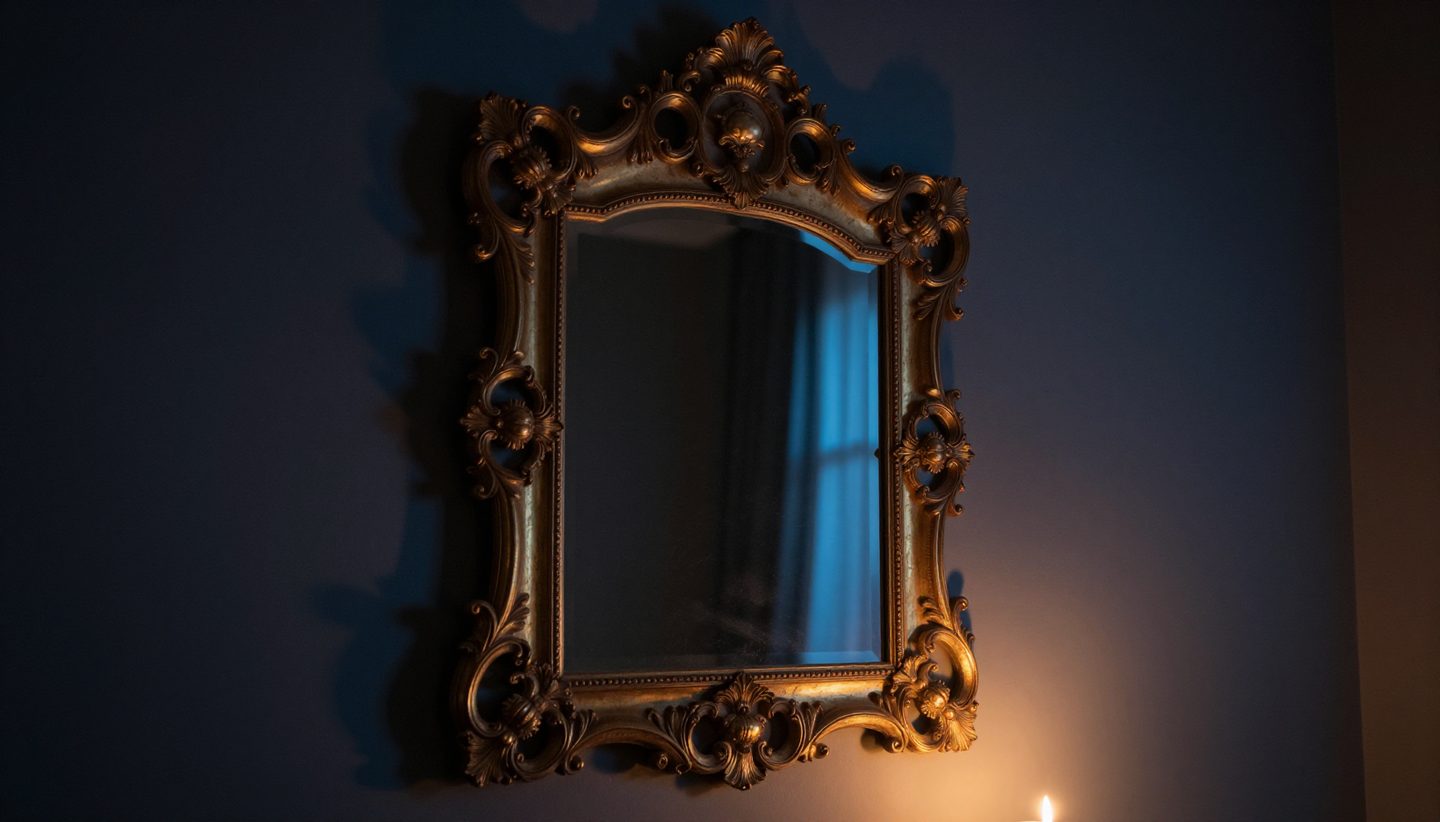 Ornate mirror reflecting warm and cool light in a dark room