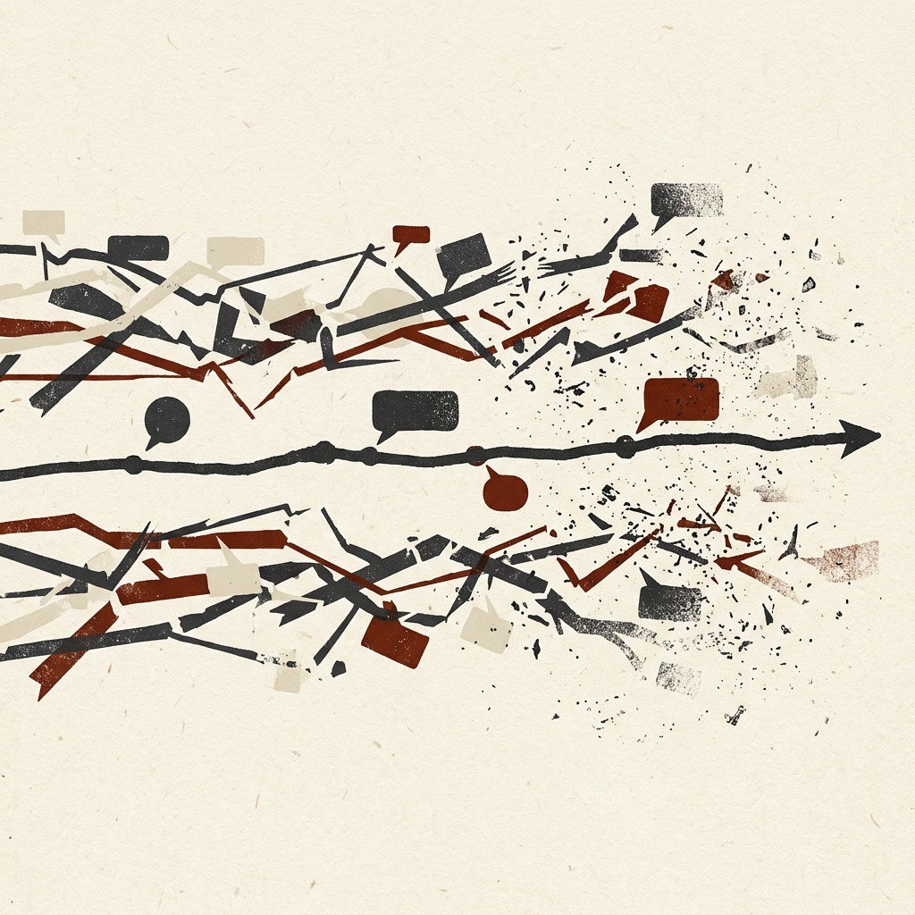 Abstract illustration of one chat thread holding steady while others scatter across a textured background
