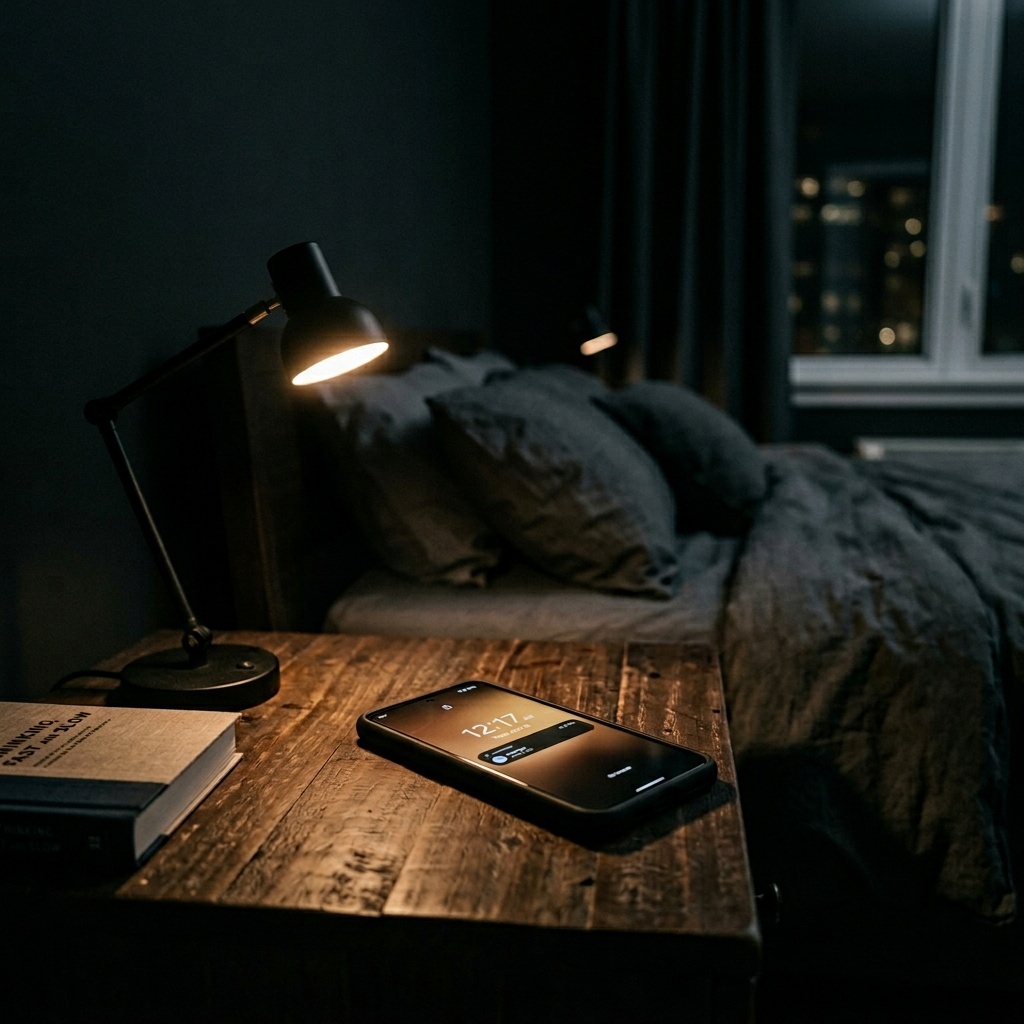 Minimal tech editorial scene of a phone glowing on a bedside table in a dim room, with soft focus and lots of negative space