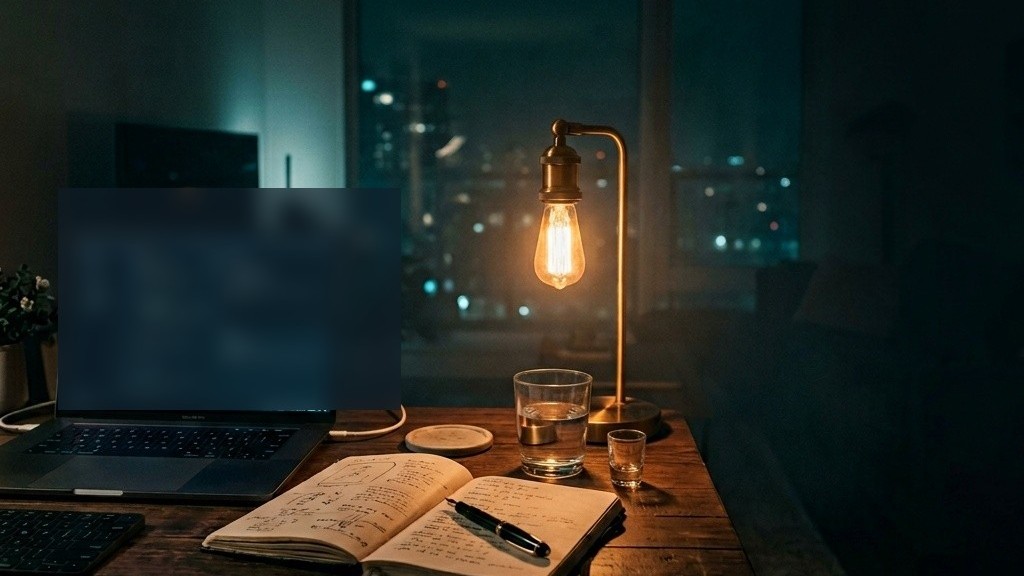 Cinematic still of a desk at night with a glowing laptop, a half-open notebook, and warm amber light falling across the scene