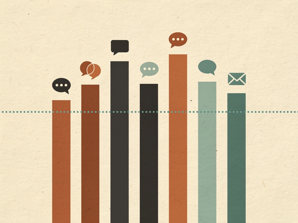 Seven vertical bars in rust, charcoal, and teal, each topped with a chat icon, crossed by a dotted threshold line on cream paper texture