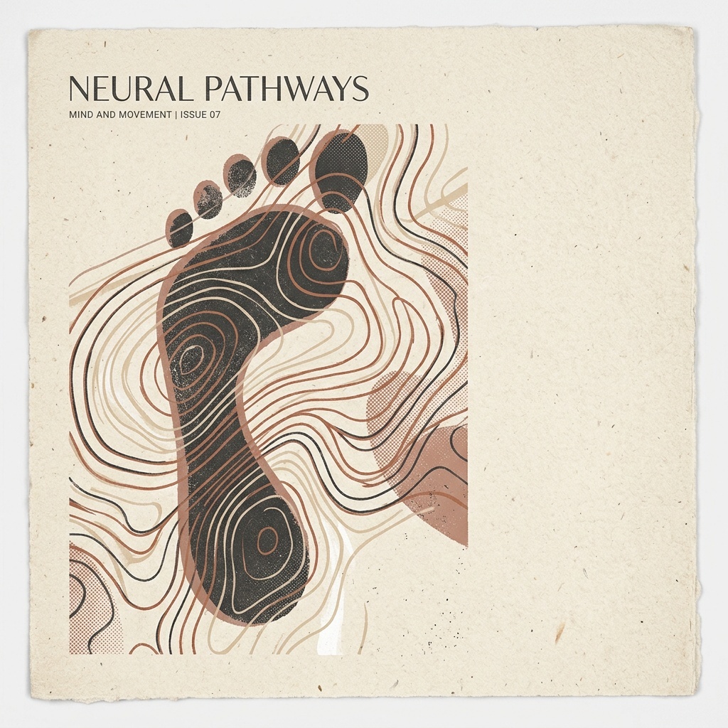 Abstract illustration of a curved footprint silhouette intersecting with luminous contour lines on textured paper
