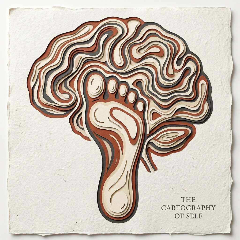 Minimal conceptual illustration of a footprint shape connected to soft neural contour lines in rust, cream, and charcoal tones